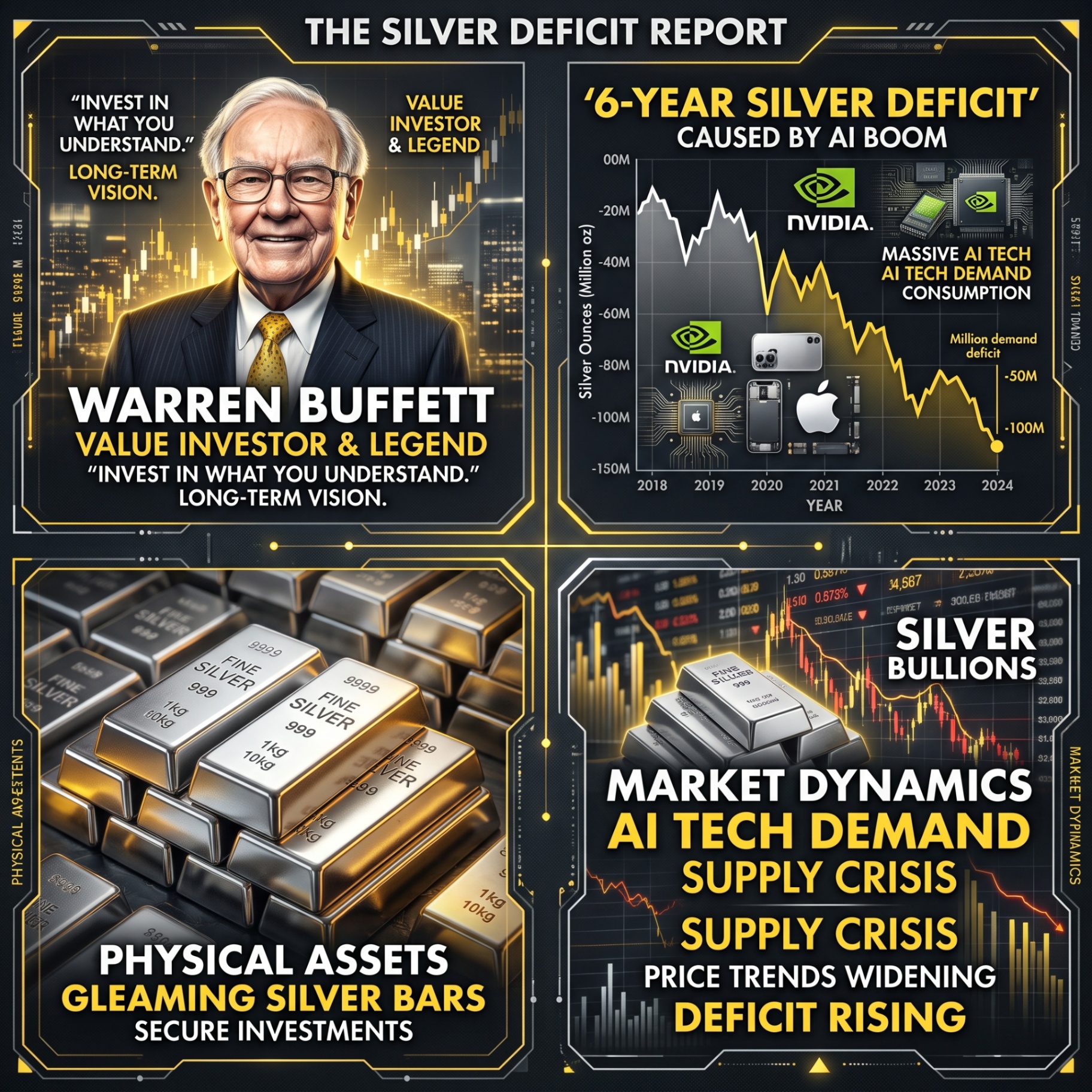 The Silver Deficit Report — Warren Buffett value investor, 6-year silver deficit chart, physical silver bullion, and AI tech demand supply crisis